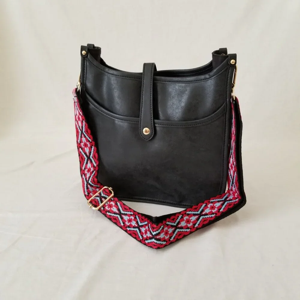 NWOT! Black Faux Leather Purse Shoulder Crossbody Bag with Embroidered Strap - Picture 10 of 12